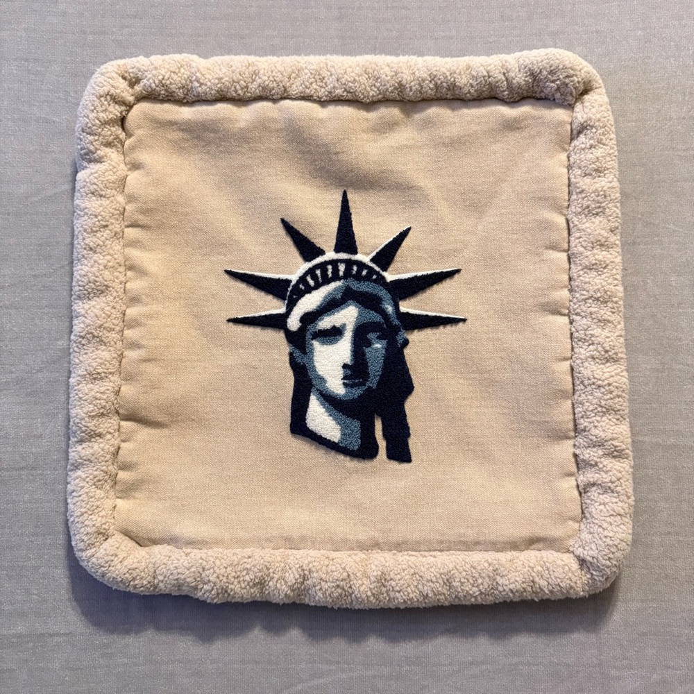 Statue of Liberty Throw Pillow Cover NYC Decor Beige Sherpa Trim Americana